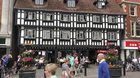 People sit at high bridge cafe and restaurant, lincoln, england Stock Footage 40545012