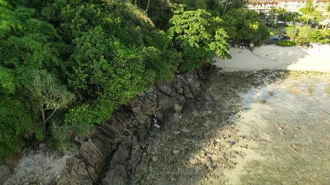 People sit on the rocks and corals of the sea bay. Drone video Stock Footage 299723398