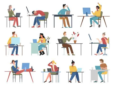 People sit at table poses set, office worker characters sitting with computer or Illustrazione stock