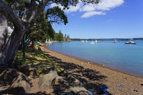 People sit under trees along the edge of a shingle beach in Russell, New Zealand Stockfoto's