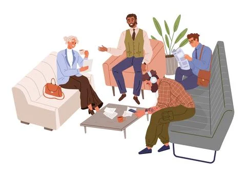 People sit in waiting hall. Men sitting on couch with newspaper, phone, visitors Illustrazione stock