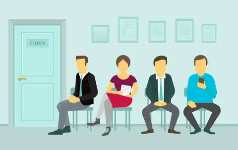 People sitting and waiting in the queue door to office Stock Illustration