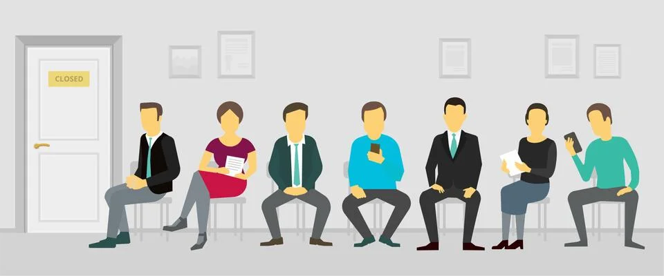People sitting and waiting in the queue door to office. Recruitment business Stock Illustration