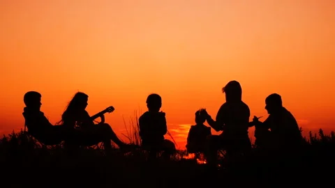 People sitting on the beach with campfire at sunset Stock Footage 112201864