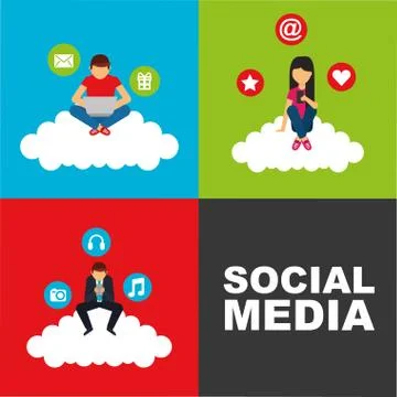 People sitting in cloud with device technology social media Stock Illustration