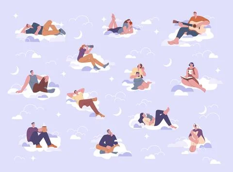 People sitting on clouds in sky. Thinking and dreaming adults, resting, reading Stock Illustration