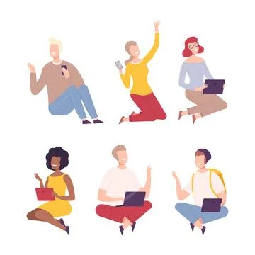 People sitting on floor using digital devices set. Male and female characters Stock Illustration