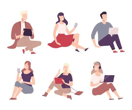 People sitting on floor using digital devices set flat vector illustration Stock Illustration