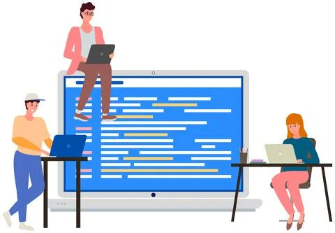 People sitting with laptops working with program. Remote work, online Stock-Illustration