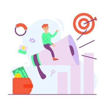 People sitting on megaphone - vector digital marketing in flat style - illust Stock Illustration