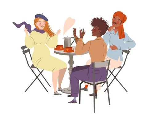 People sitting at table in cafe or restaurant. Friends talking, eating and 스톡 일러스트