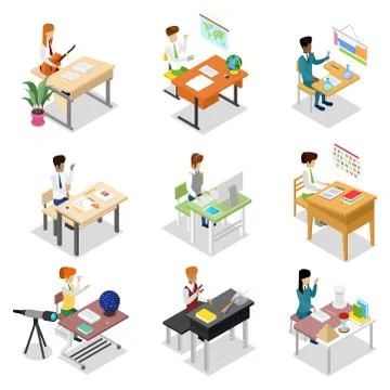 People sitting at table isometric 3D set Stock Illustration