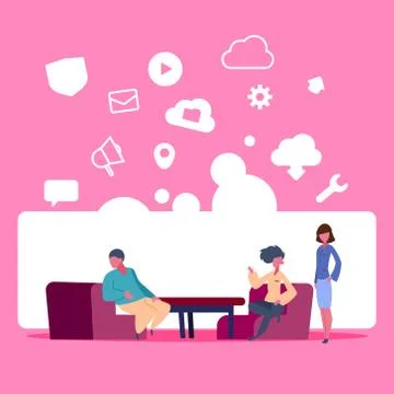 People sitting workspace online data cloud synchronization social network icon 库存插图