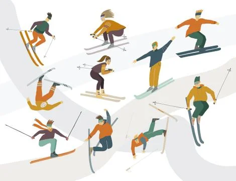 People skiing Men and women in motion Stock Illustration
