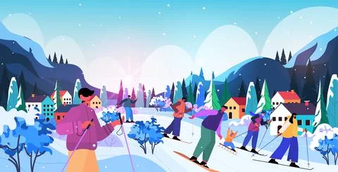 People skiing snowboarding men women and children doing winter activities Stock Illustration