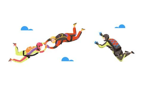 People skydiving in the sky set. Professional parachutists flying in free fall Stock Illustration