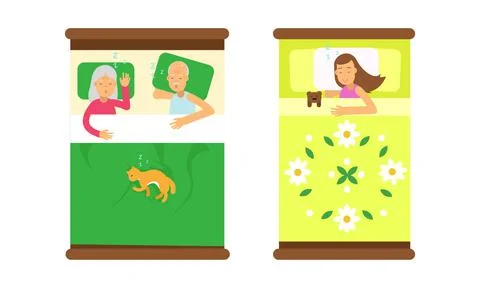 People sleeping in beds set. Top view of people lying under blanket in pajamas Stock Illustration