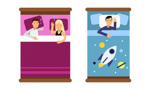 People sleeping in beds set. Top view of family couple and boy lying under Stock Illustration