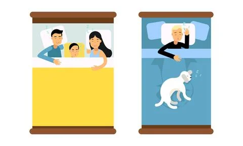 People sleeping in beds set. Top view of people and pet lying under blanket in Stock Illustration