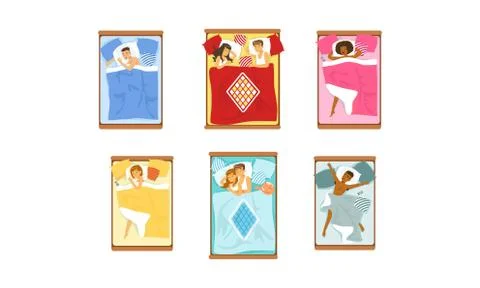 People Sleeping In Different Positions in Bed At Home Top Viewed Vector Ilustração Stock