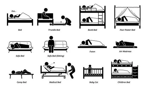 People sleeping on different type of bed. Vector illustration of person sleep Illustrazione stock