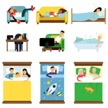 People sleeping at home, at work set, men and women sleeping in bed, sofa with Illustrazione stock