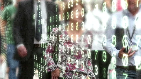 People in slow motion overlaid by binary code and numbers. Video stock 53338941