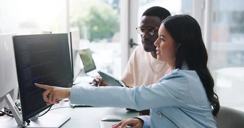 People, software developer and conversation in office with computer, tablet.. Stock Photos