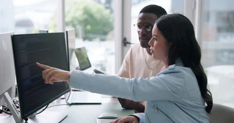 People, software developer and discussion in office with computer, tablet or Stock Footage 329397504