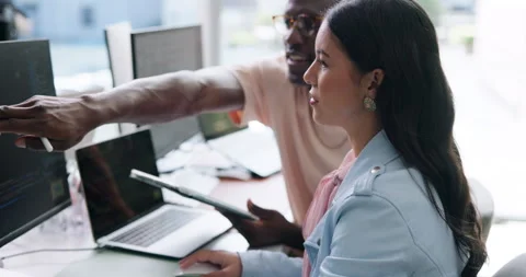 People, software developer and talk in office with computer, tablet or advice Stock Footage 329422255