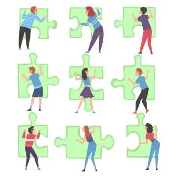 People Solving Jigsaw Puzzles Set, Persons Trying to Connect Green Puzzle Stock Illustration