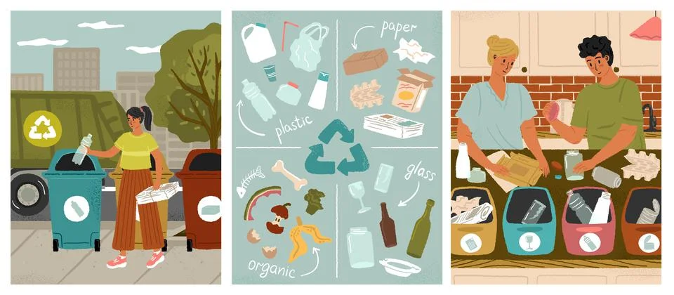 People sort trash for recycle concept vector posters set. Family separate Stock Illustration