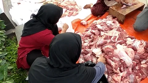 People sorting and cutting raw meat outdoors Stock-Footage 279342124