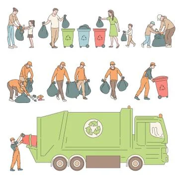 People sorting garbage and send truck for recycling. Volunteers clean Stock Illustration
