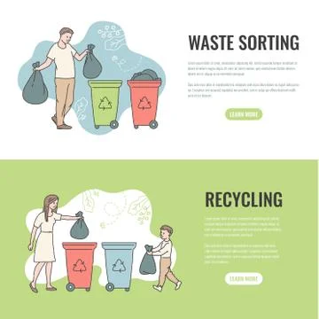 People sorting garbage in containers for recycling. Vector social eco-friendly Stock Illustration