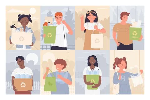 People sorting garbage set, characters holding bags or trash bin containers to Stock Illustration