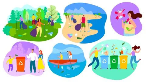 People sorting garbage vector illustartion of man, woman cleaning environment Illustrazione stock