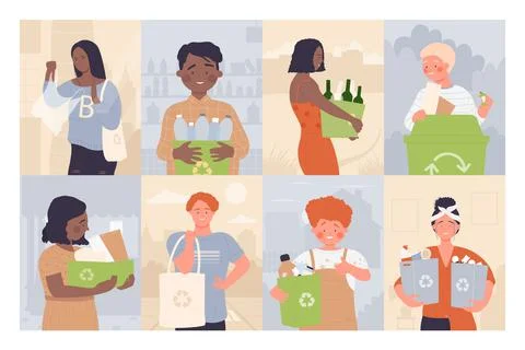 People sorting recycle garbage set, cleaning city, volunteer adult persons and Stock Illustration