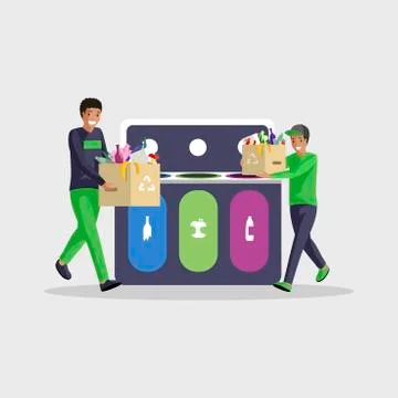 People sorting waste flat color illustration. African american boys isolated Stock Illustration