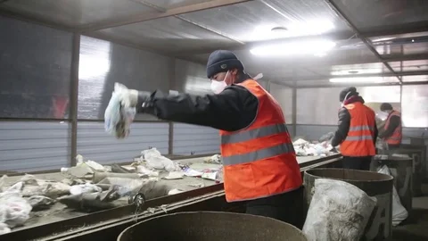 People sorts garbage on the conveyor Stock Footage 82054185
