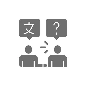 People speak foreign languages, chat, dialogue speech bubbles grey icon. Stock Illustration