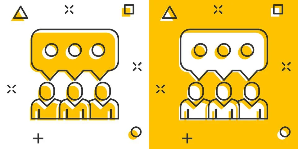 People with speech bubble icon in comic style. Chat cartoon vector illustrati Illustrazione stock