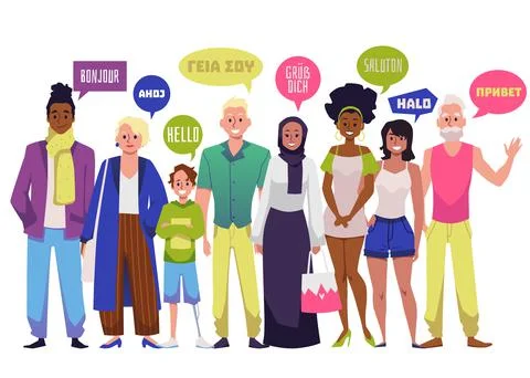 People with speech bubbles in different languages, flat vector isolated. Stock Illustration