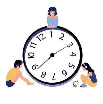 People spend their time doing business. Large mechanical clock. Hurry, run or Stock Illustration