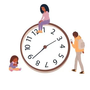 People spend their time doing business. Large mechanical clock. Hurry, run or Stock Illustration