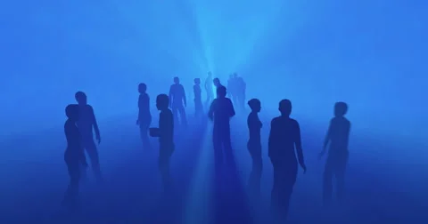 People, spirits standing, idle, loitering, lingering in  blue fog Stock Footage