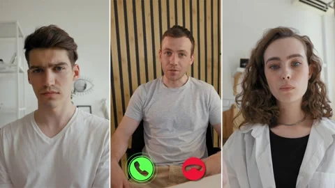 People on split screen online call discussing important matters Stock Footage 305550507