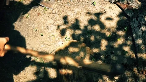 People split wood in the forest with an ax 스톡 동영상 97501212