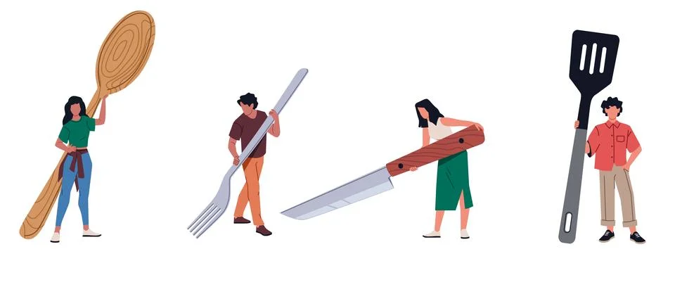 People with spoons and forks. Tiny men and women hold large food appliances Illustrazione stock