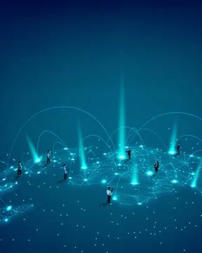People spread across networked globe with digital arcs and data points Stock Photos